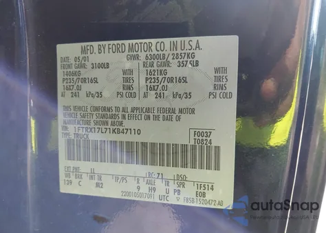 2001 Ford F-150 Lariat/Xl/Xlt from USA, damaged, VIN 1FTRX17L71KB47110